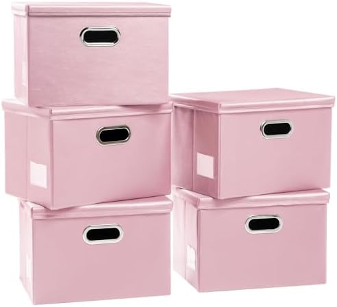 PRANDOM Foldable Storage Bins with Lids [5-Pack] Leather Fabric Collapsible Storage Boxes Organizer Containers Baskets Cube with Cover for Bedroom Closet Office Nursery Pink (14.9x10.8x10) by Prandom