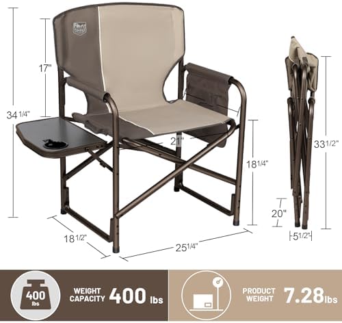 TIMBER RIDGE Aluminum Oversized Camping Chair, Lightweight Portable Directors Chair with Side Table Detachable Side Pocket for Outdoor Camping, Lawn, Picnic, Support 400lbs Tan 2 Pack - Image 2