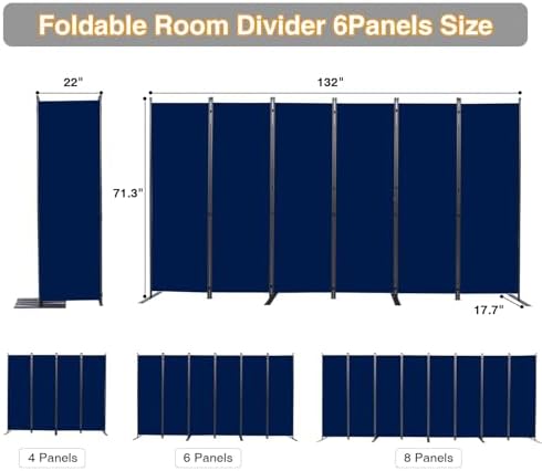 Room Divider, 6 Panel Folding Privacy Screens with Wider Feet, Navy Blue - Image 2