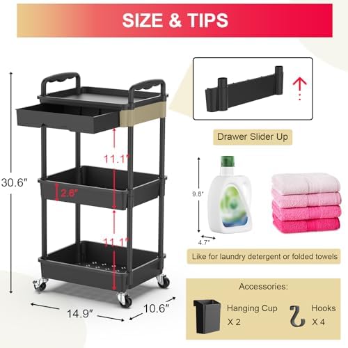 Goovilla 3 Tier Rolling Utility Cart Organizer with Removable Drawer, Black - Image 4