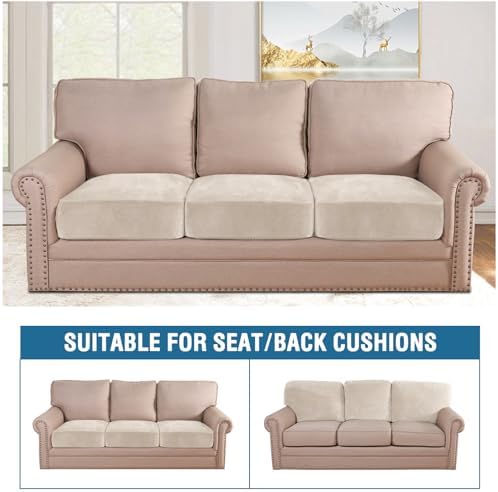 H.VERSAILTEX Velvet Stretch Couch Cushion Cover Plush Cushion Slipcover for Chair Loveseat Sofa Cushion Furniture Protector Seat Cushion Sofa Cover (3 Piece Sofa Cushion Covers, Ivory) - Image 3