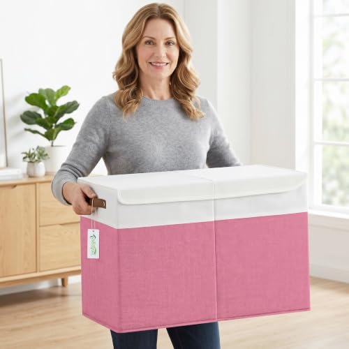 Bagnizer Large Toy Storage Box with Lids, Collapsible Sturdy Baby Storage Organizer Chest Bin Basket for Kids, Boys, Girls, Playroom, Nursery, Bedroom, Closet 25"x13"x16" (Pink and White) - Image 4