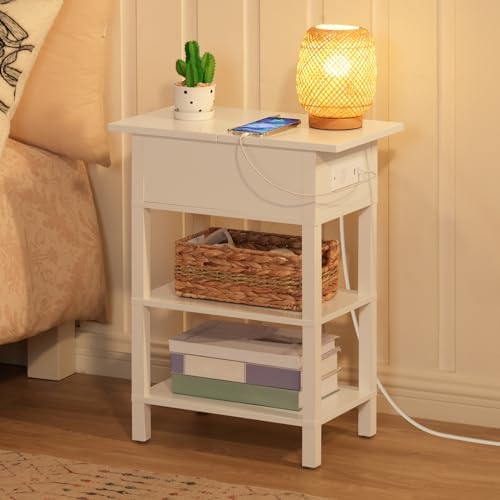 HOOBRO End Table with Charging Station, Flip Top Side Table with USB Ports, Narrow Nightstand Bedside Tables with Storage Shelves, for Small Space, Living Room, White WT141UBZ01 - Image 4