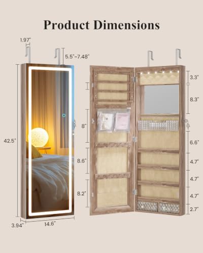 LVSOMT 42.5" Wall Mounted Jewelry Organzier with LED Mirror, Wood - Image 2