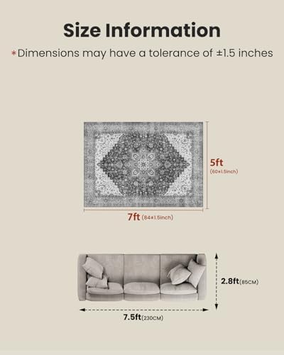 AMADA HOMEFURNISHING 5x7 Area Rugs, Washable Living Room Rug Low-Profile with Non-Slip Backing & Durable Edge Binding, Vintage 5x7 Rugs for Living Room, Bedroom, Dinning Room - Image 2