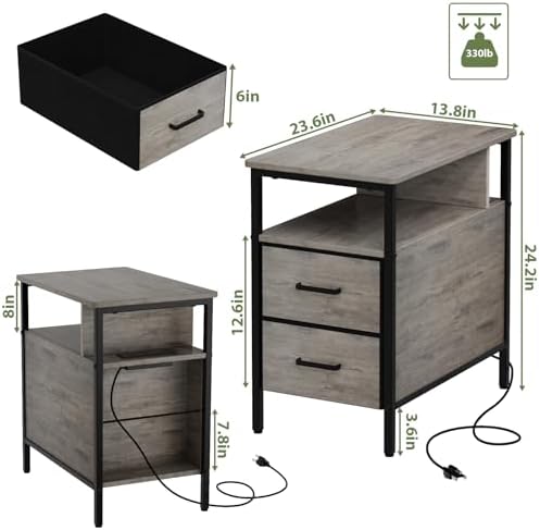 End Table with Charging Station and 2 Fabric Drawers, Greige - Image 2