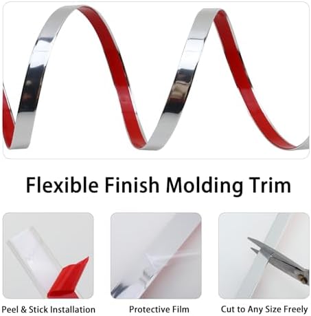 Lunghaa Peel and Stick Finish Molding Trim, Flexible Decoration Strip for Wall Tile Edge, Mirror, Cabinet, Furniture and DIY Home Decoration (Shiny Silver, 16.4 ft x 0.8 in) - Image 4