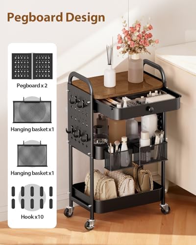 ALVOROG 3 Tier Metal Rolling Cart with Drawer,Wood Top,Pegboards,Black - Image 3