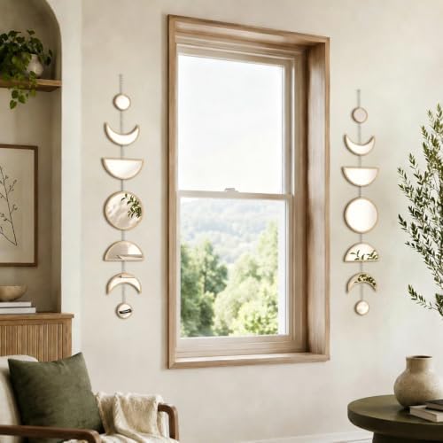 7 Pcs Gothic Witchy Moon Phase Wall Decor, Acrylic Mirror Wooden Backboard, Celestial Boho Hanging Wall Art for Home Bedroom Decor - Image 3