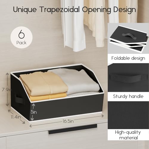Homsorout Large Closet Organizers and Storage Bins - 6 Pack Trapezoid Storage Baskets for Shelves, Foldable Fabric Baskets with Handles Ideal for Closet, Basket, Wardrobe and Shelf Storage, Black - Image 2