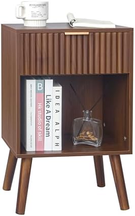 Fultyle Walnut Nightstand, Fluted Bedside Table with Drawer and Open Shelf by Fultyle
