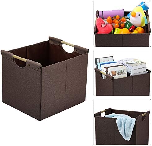 HOONEX Large Collapsible Storage Bins, Linen Fabric, 2 Pack, Storage Baskets with Wooden Carry Handles and Sturdy Heavy Cardboard, for Home, Office, Car, Nursery, Brown - Image 4