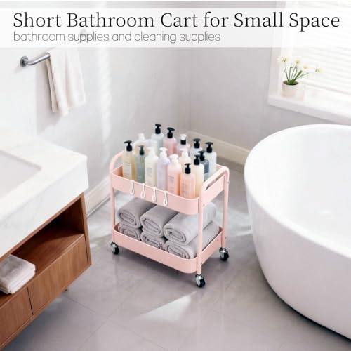 Pink 2 Tier Rolling Cart Metal with Wheels Under Desk Storage Cart for Small Space Organization, Small Trolley for Pantry Room Laundry Bathroom Kitchen Office Art Snack Baby Supplies - Image 6