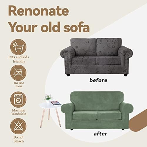 WEERRW Velvet Stretch 3 Pieces Couch Cover for Sofa Washable, Greyish Green - Image 5