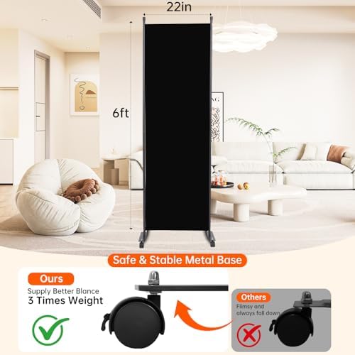 88" W 4 Panel Room Divider, Portable Privacy Screen W/Wheels Freestanding - Image 2