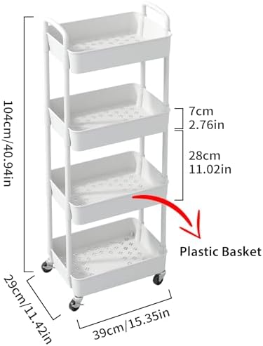 Sywhitta 4-Tier Plastic Rolling Utility Cart with Wheels for Storage,White - Image 2