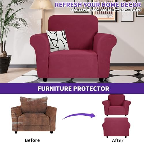ZNSAYOTX Super Stretch Chair Slipcover (30"-47"), New Striped Sofa Chair Covers for Living Room, Dogs Pet Friendly Anti-Slip Chair Protector Spandex Armchair Slipcovers (Wine Red, Chair) - Image 2