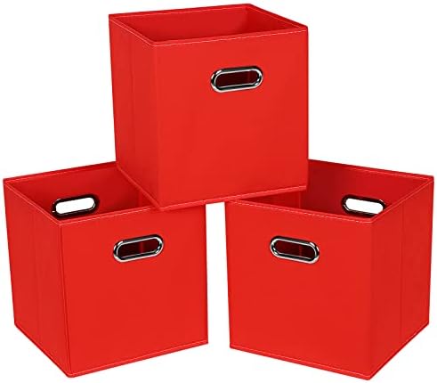 Fabric Cloth Storage Bins,Fabric Cube Bins Organizer with Dual Handles Foldable Cube Storage Baskets for Home Bedroom Storage,Set of 3,(Red) by SEVENDOME