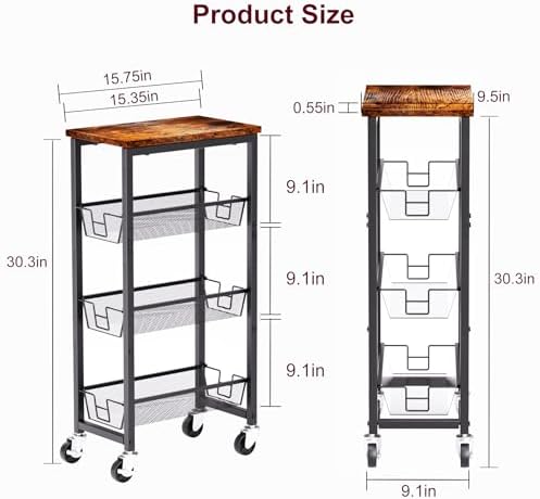 Slim Rolling Cart, 4-Tier Storage Cart, 9.1inch Narrow Kitchen Rolling Cart on Wheels for Small Space, Utility Cart Shelving Unit with Wooden Top and Metal Handle for Kitchen, Bathroom, Laundry Room - Image 4