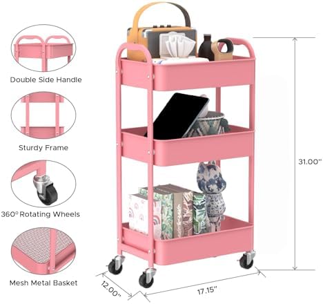 MAX Houser 3-Tier Rolling Utility Cart with Caster Wheels,Easy Assembly, for Kitchen, Bathroom (Pink) - Image 2