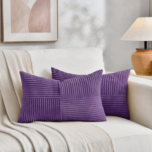Fancy Homi 2 Packs Purple Long Lumbar Decorative Throw Pillow Covers 12x24 Inch for Living Room Couch Bed, Farmhouse Boho Home Decor, Soft Striped Corduroy Rectangle Accent Cushion Case 30x60 cm - Image 5