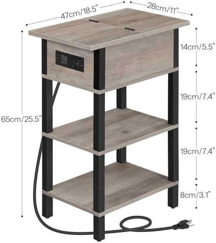 HOOBRO End Table with Charging Station, Flip Top Side Table with USB Ports, Narrow Nightstand Bedside Tables with Storage Shelves, for Small Space, Living Room,Greige and Black BG141UBZ01 - Image 3