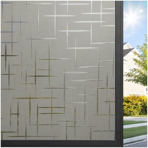 rabbitgoo Window Privacy Film Frosted Glass Window Film, Static Cling Grey Sun Blocking Front Door Cover, Decorative Frosting Privacy Sticker Home Glass Tint, Cross Pattern, Taupe, 23.6" x 78.7" by rabbitgoo