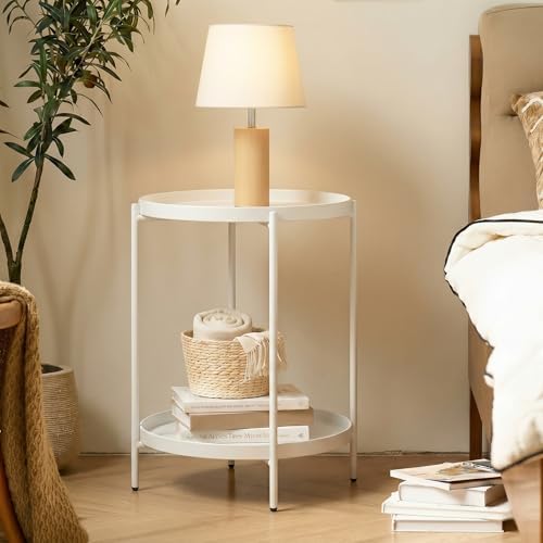 TeoKJ 2 Tier Round Side Table, Folding Round Metal End Table Small Nightstand with Two Removable Tray for Bedroom Living Room Bedside Small Spaces White - Image 6