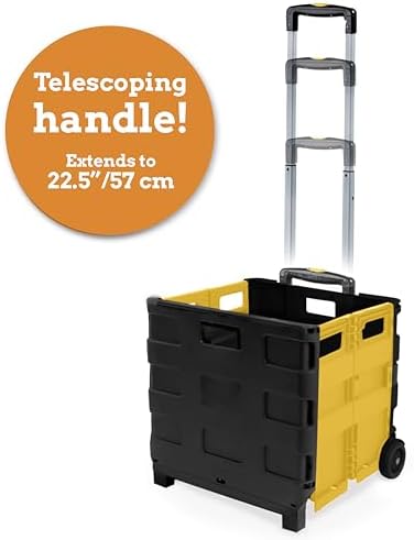 Inspired Living Ultra-Slim Rolling Collapsible Storage Pack-N-Roll Utility-carts, with Telescopic Handle, for Home, Garden, Shopping, Office, School use, Medium, Yellow & Black - Image 4