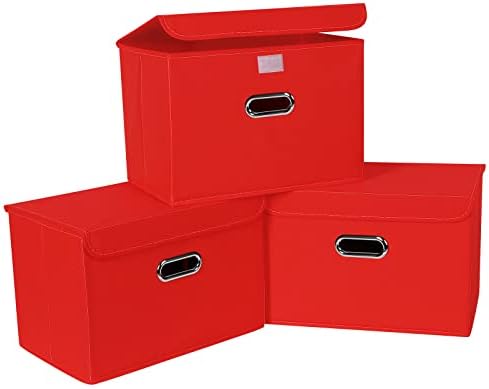 Linen Fabric Foldable Collapsible Storage Cube Bin Organizer Basket Fabric Storage Bins with Lid, Leather Handles, Removable Divider for Home, Closet, Red 3Pcs by SEVENDOME