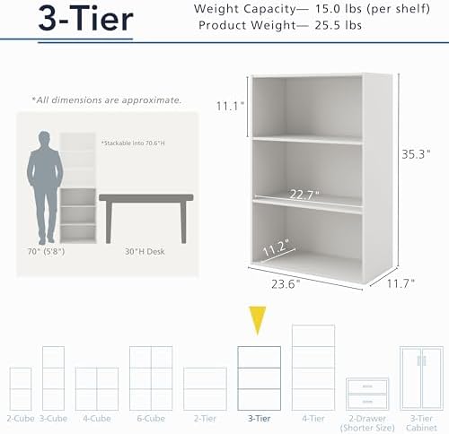 Homes: Inside + Out Apexa 3-Tier Cube Storage Organizer Shelves, Stackable Wood Bookcase Fits Cubby Bins for Organization, Dorm Teen Room Decor & Home Office, White - Image 3