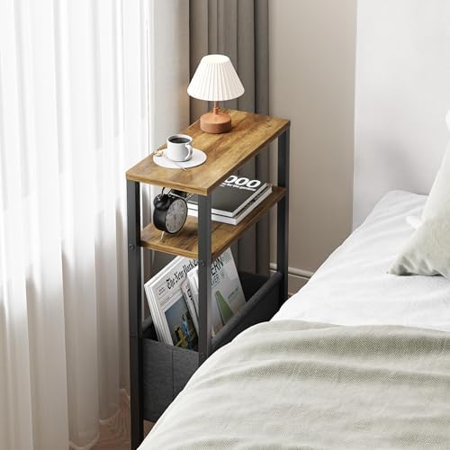 Narrow Side Table, Slim End Table with Magazine Rack, Skinny Bedside Table for Small Spaces, 3 Tier Sofa Couch Table Nightstand for Living Room, Bedroom, Walnut Brown LET503BR - Image 5
