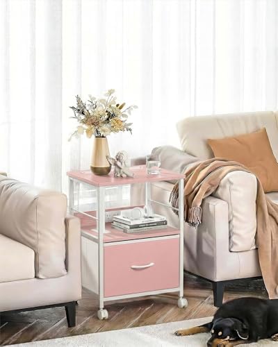 Faesun Swivel Lift Top Nightstand with Charging Station, Rolling Side Table for Recliner, Bedside Table with Wheels & a Fabric Drawer, for Small Spaces, for Bedroom, Living Room, Pink - Image 2