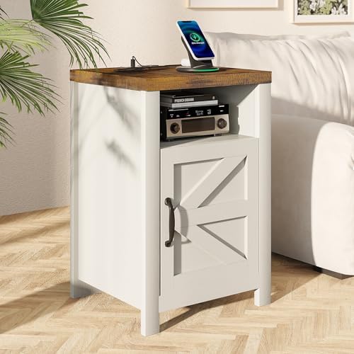 MXV Farmhouse Nightstands with Charging Station, End Tables Set of 2 with Barn Door, Sofa Side Table with Storage Space for Bedroom, Living Room (White) - Image 3