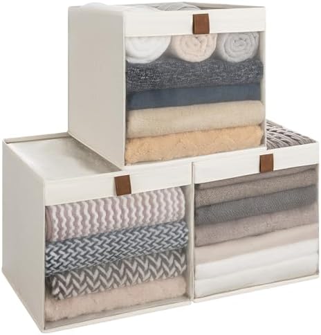 StorageWorks 13x13 Cube Storage Bins with Mesh Front Window, Beige, 3-Pack by StorageWorks