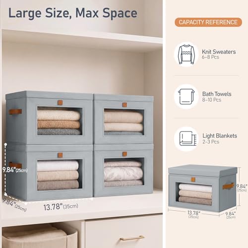 DIMJ Storage Bins with Lids - 6 Pack Front Opening Stackable Fabric Storage Boxes with Clear Window & Handles, Collapsible Closet Organizers for Clothes, Sweaters, Shelf Storage, Bedroom, Gray - Image 6