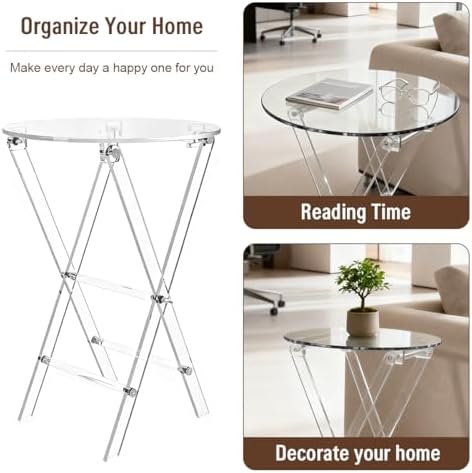 Acrylic Round Folding Side Table, Clear, Space Saving, Foldable X-Base Design for Living Room - Image 4