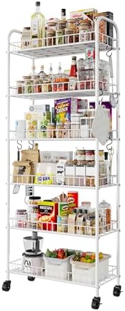 6 Tier Slim Rolling Storage Cart with Wheels, Metal Mobile Shelving Unit Organizer Utility Cart for Office Bathroom Kitchen Laundry Room Narrow Places (White 10 Inches) by Qiaoxuan