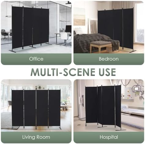 RANTILA 4 Panel Room Divider, 6 FT Folding Privacy Screen with Wide Feet, Freestanding Partition for Room Separation, Portable Room Divider Panel, 89" W x 71" H, Black - Image 6