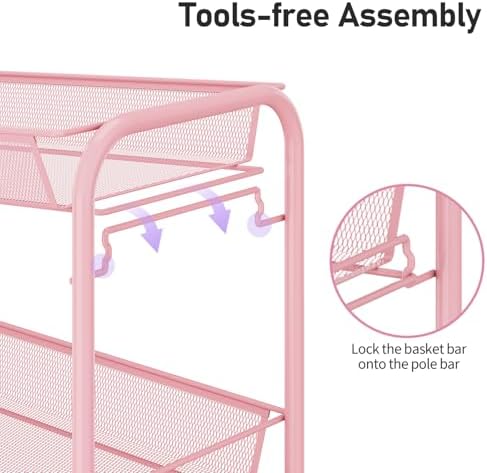 TOOLF 3 Tier Rolling Cart, Metal Utility Storage Cart with Wheels, Pink | 3 Hooks, Screwless Assembly, Trolley Organizer for Bathroom, Kitchen, Office, Nursery, Dorm, Laundry Room - Image 3