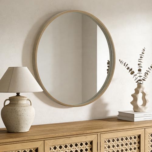 WallBeyond Round Wood Mirror, 32" Round Modern Decoration Large Circle Wall Mirror for Bathroom Living Room Bedroom Entryway, Honey - Image 3