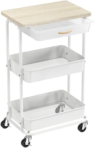 Simple Houseware 3-Tier Rolling Utility Cart with Drawer & Wood Top, Maple by SimpleHouseware