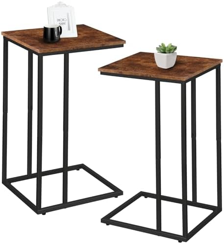 C Shaped Side Table Set of 2, Skinny Sofa Table for Sofa and Bed, Couch Tables That Slide Under, Small End Tables for Living Room, Bedroom or Small Spaces, Rustic Brown by Possile