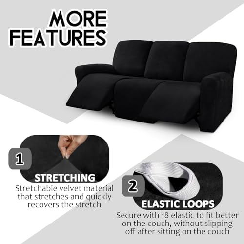 ULTICOR Velvet 8-Pieces Recliner Sofa Covers Stretch Reclining Couch Covers for 3 Cushion Reclining Sofa Slipcovers Furniture Covers Thick Soft Washable (3 Seater Recliner Cover, Black) - Image 4