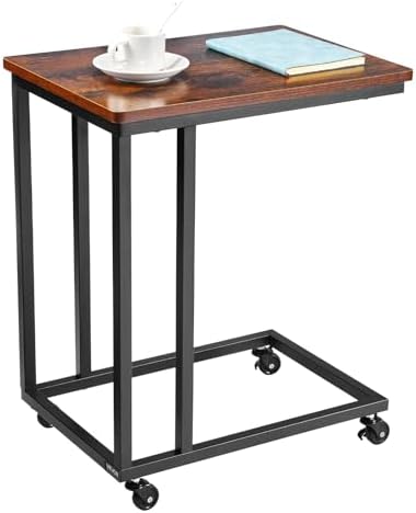 VEVOR C Table, C Shaped Sofa Side Table with Metal Frame Rolling Casters, Portable C Shaped End Stand for Living Room Bedroom Office, 19.69 x 13.78 x 23.82 inches Laptop Side Tables, Brown and Black by VEVOR