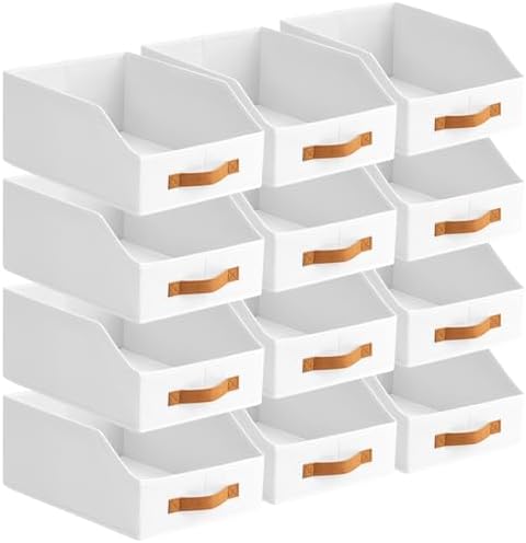 Homsorout Fabric Storage Bins for Organizing - 12 Pack Large Trapezoid Collapsible Storage Bins with Front Handle, Closet Organizers and Storage for Bedroom, Home Shelves, Small Spaces, White by Homsorout