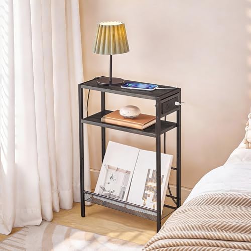 HOOBRO Small Narrow Side Table with Charging Station, Skinny End Table for Small Spaces, Slim Nightstand with USB Ports Outlet, Sofa Beside Table with Storage Shelf, Charcoal Black BC102UBZ01 - Image 6
