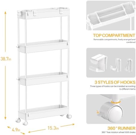 SPACELEAD Slim Storage Cart 4 Tier,Bathroom Organizer Rolling Utility, Mobile Shelving Unit Slide Out for Office, Kitchen, Laundry Room & Narrow Places,White - Image 3