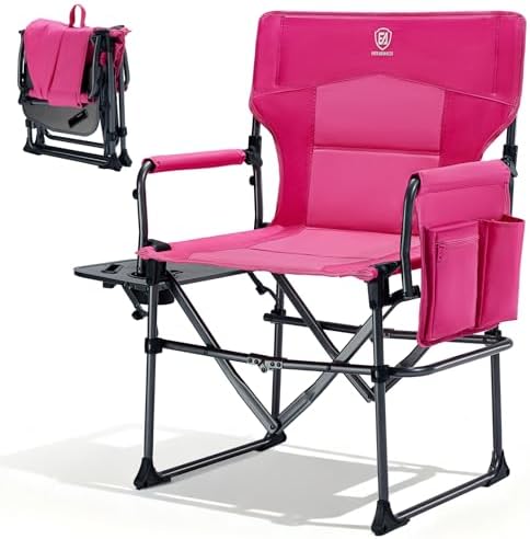 EVER ADVANCED Camping Directors' Chair with Side Table, Portable Folding with Compact Size, Heavy Duty Lawn Chair with Pocket for Camping, Lawn, Sports and Fishing, 400lbs, Pink by EVERADVANCED