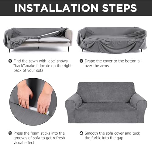 Peryiter 3 Pcs Couch and Loveseat Sofa Covers,Light Gray,Velvet - Image 5